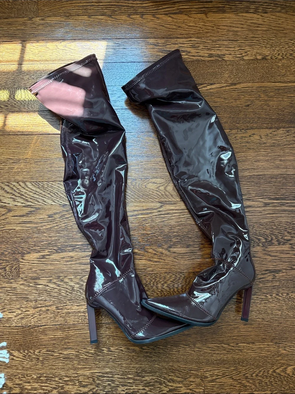 Patent Over-the-Knee Stiletto Boots in Dark Brown
